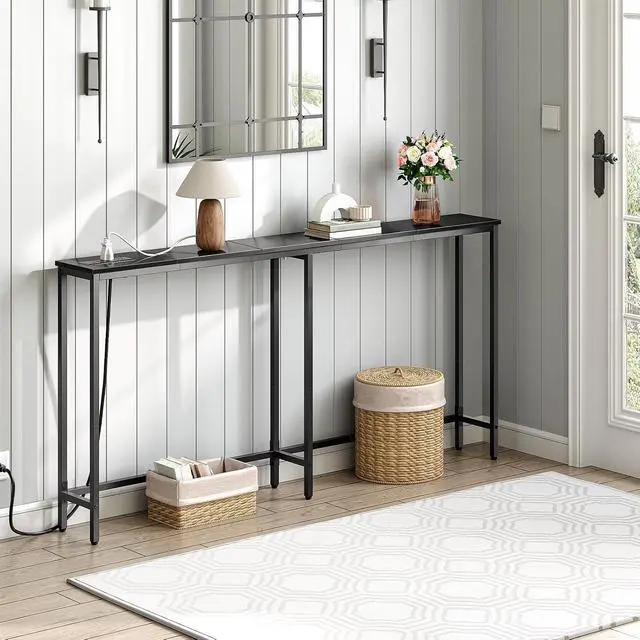 Alt view image 2 of 7 - 63" Narrow Console Table with Charging Station, 5.9" Slim Sofa Table Behind Couch, 2 AC Outlets & USB-C Ports, Long Entryway Tables for Small Spaces, Livingroom, Black BB165UXG01G1