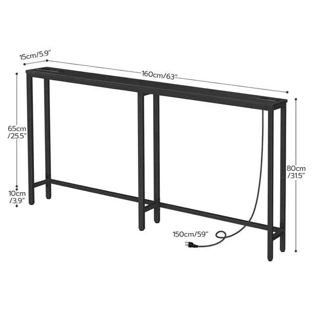 Alt view image 3 of 7 - 63" Narrow Console Table with Charging Station, 5.9" Slim Sofa Table Behind Couch, 2 AC Outlets & USB-C Ports, Long Entryway Tables for Small Spaces, Livingroom, Black BB165UXG01G1