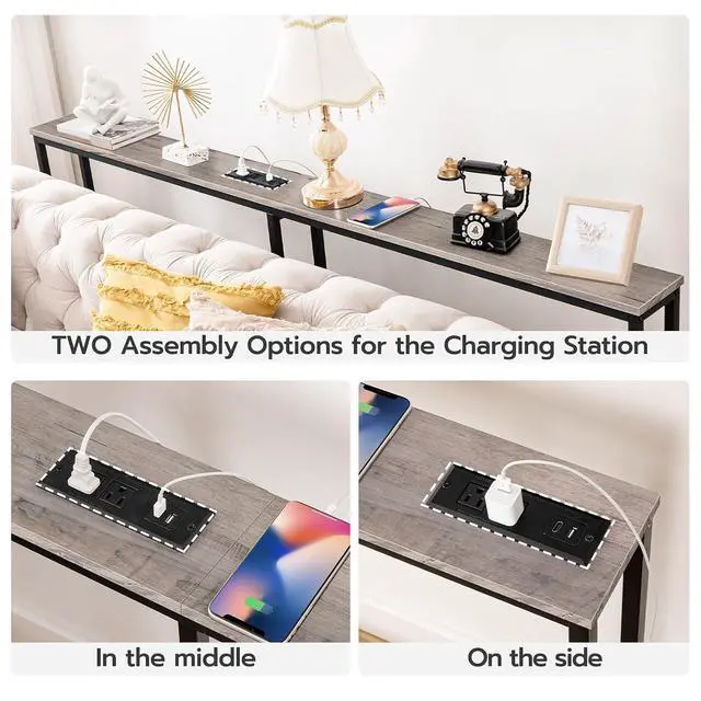 Alt view image 7 of 7 - 70.9" Narrow Console Table with Charging Station, 5.9" Slim Sofa Table Behind Couch, 2 AC Outlets & USB-C Ports, Long Entryway Tables for Small Spaces, Livingroom, Greige BG185UXG01G1