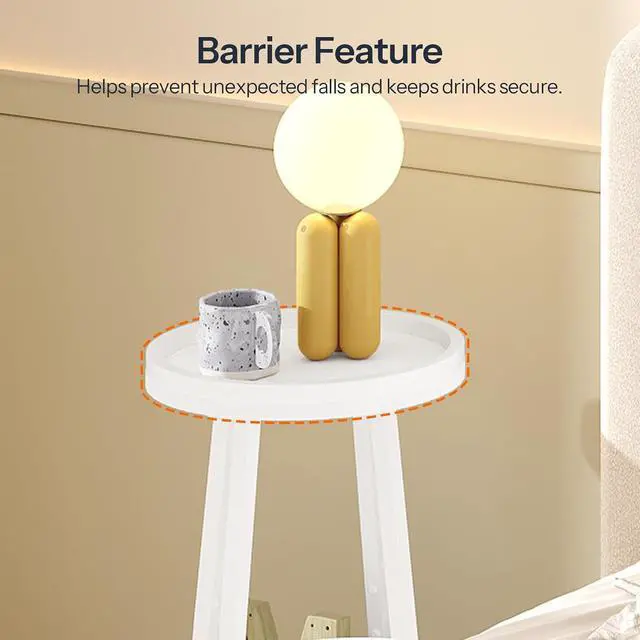 Alt view image 7 of 7 - Small Round Side Table, 2-Tier Round Sofa End Table, Compact Nightstand with Cotton Linen Storage Basket, for Small Space, Living Room, Bedroom, Dorm, White WW183BZ01