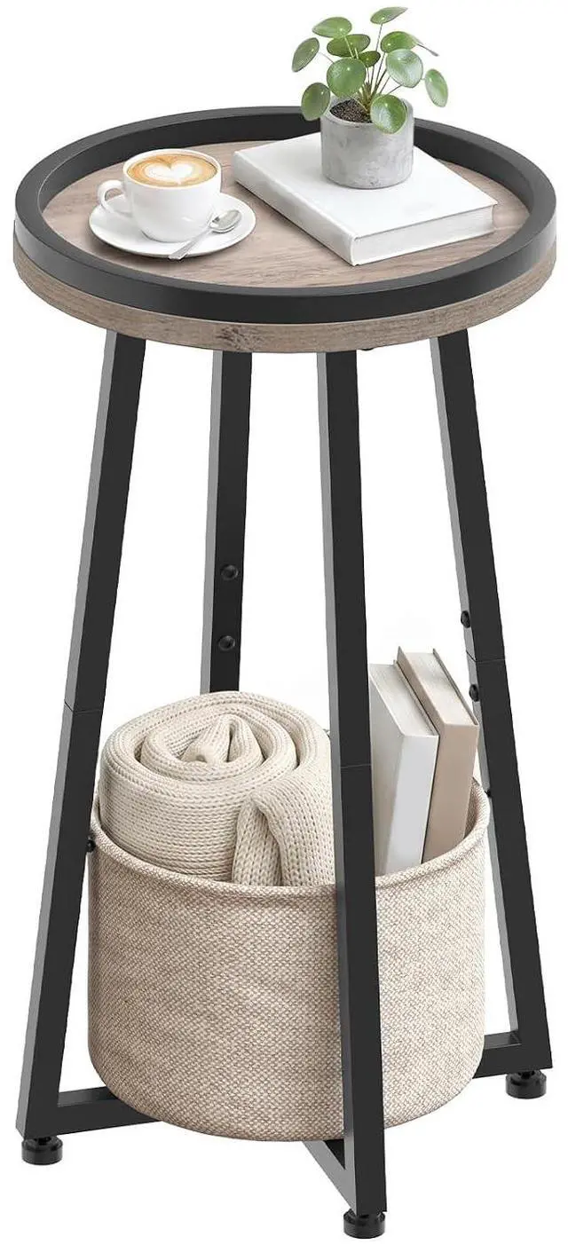 Main image of Small Round Side Table, 2-Tier Round Sofa End Table, Compact Nightstand with Cotton Linen Storage Basket, for Small Space, Living Room, Bedroom, Dorm, Greige BG183BZ01