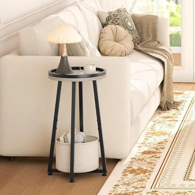 Alt view image 2 of 7 - Small Round Side Table, 2-Tier Round Sofa End Table, Compact Nightstand with Cotton Linen Storage Basket, for Small Space, Living Room, Bedroom, Dorm, Greige BG183BZ01