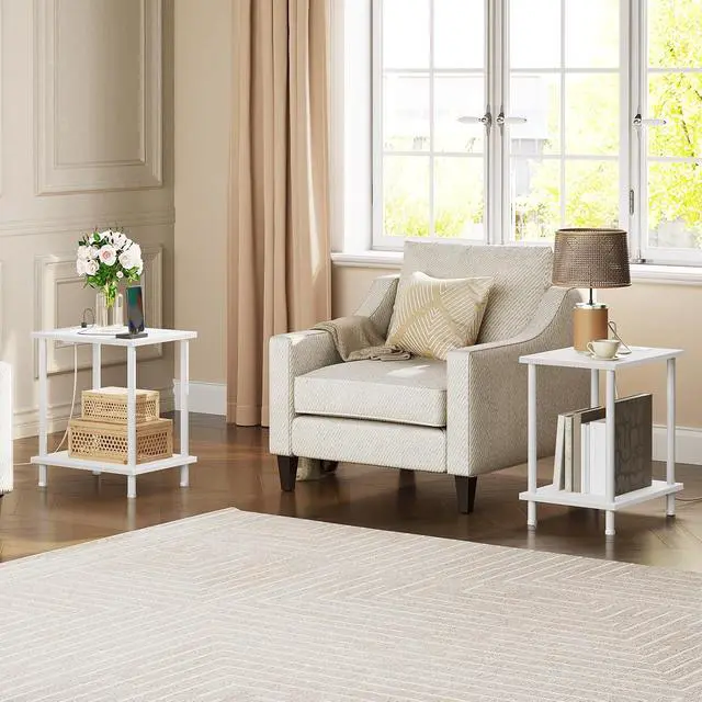 Alt view image 2 of 7 - Side Table with Charging Station, End Table with USB Port and Outlets, Nightstand with 2-Layer Storage Shelves for Small Spaces, Living Room, Bedroom, White WW09UBZ01