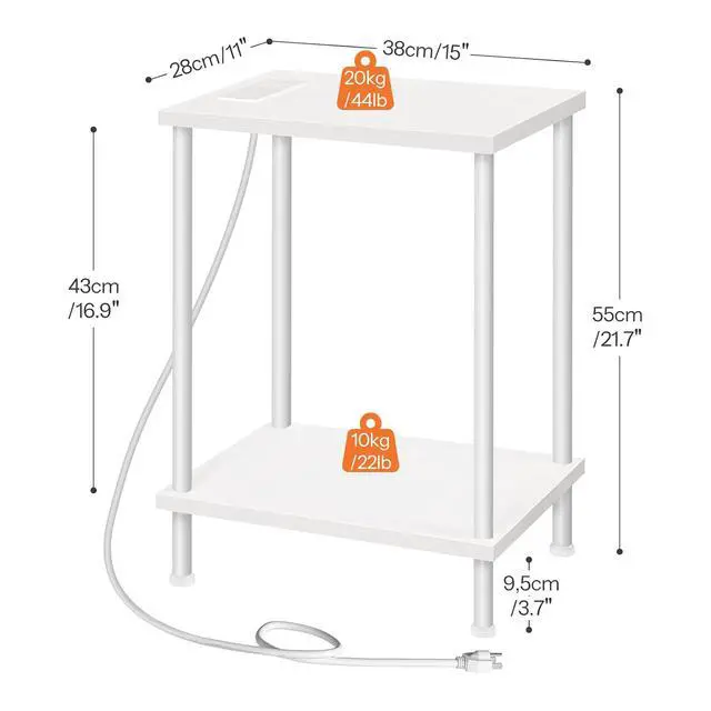 Alt view image 3 of 7 - Side Table with Charging Station, End Table with USB Port and Outlets, Nightstand with 2-Layer Storage Shelves for Small Spaces, Living Room, Bedroom, White WW09UBZ01