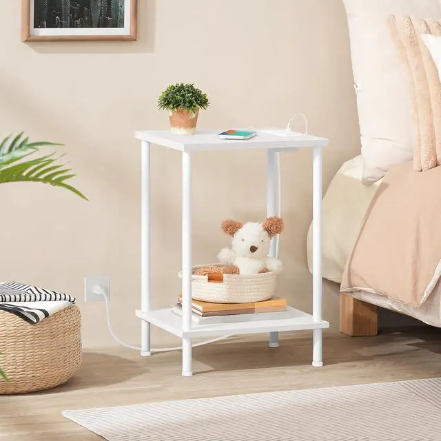 Alt view image 4 of 7 - Side Table with Charging Station, End Table with USB Port and Outlets, Nightstand with 2-Layer Storage Shelves for Small Spaces, Living Room, Bedroom, White WW09UBZ01