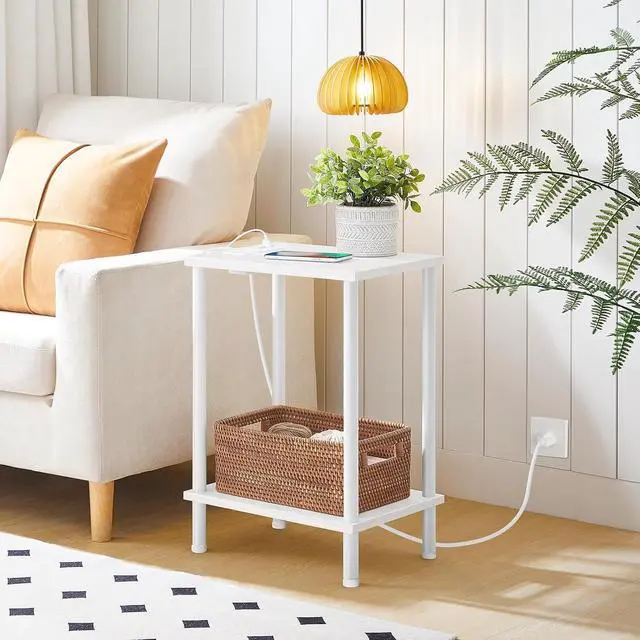 Alt view image 6 of 7 - Side Table with Charging Station, End Table with USB Port and Outlets, Nightstand with 2-Layer Storage Shelves for Small Spaces, Living Room, Bedroom, White WW09UBZ01