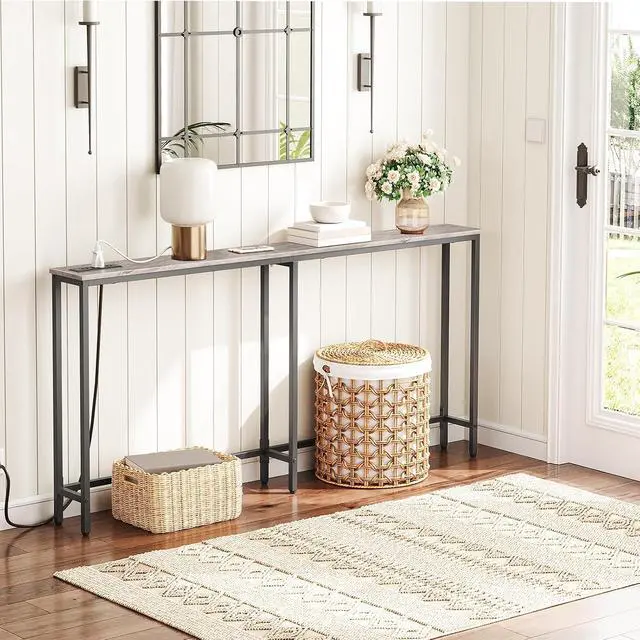Alt view image 2 of 7 - 63" Narrow Console Table with Charging Station, 5.9" Slim Sofa Table Behind Couch, 2 AC Outlets & USB-C Ports, Long Entryway Tables for Small Spaces, Livingroom, Greige BG165UXG01G1