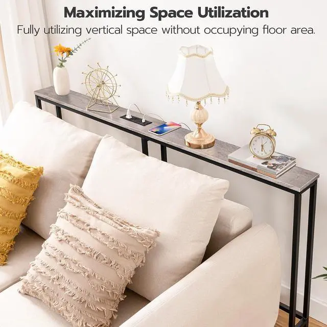 Alt view image 4 of 7 - 63" Narrow Console Table with Charging Station, 5.9" Slim Sofa Table Behind Couch, 2 AC Outlets & USB-C Ports, Long Entryway Tables for Small Spaces, Livingroom, Greige BG165UXG01G1