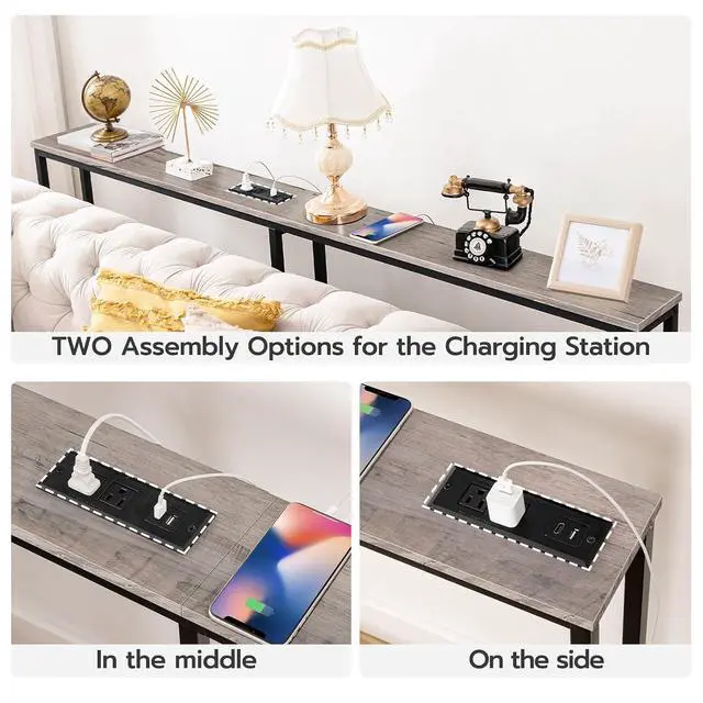 Alt view image 6 of 7 - 63" Narrow Console Table with Charging Station, 5.9" Slim Sofa Table Behind Couch, 2 AC Outlets & USB-C Ports, Long Entryway Tables for Small Spaces, Livingroom, Greige BG165UXG01G1