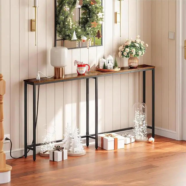 Alt view image 2 of 7 - 63" Narrow Console Table with Charging Station, 5.9" Slim Sofa Table Behind Couch, 2 AC Outlets & USB-C Ports, Long Entryway Tables for Small Spaces, Livingroom, Rustic Brown BF165UXG01G1