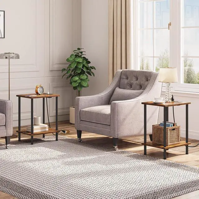 Alt view image 2 of 7 - Side Table with Charging Station, Set of 2 End Tables with USB Port and Outlets, Nightstand with 2-Layer Storage Shelves for Small Spaces, Living Room, Bedroom, Rustic Brown BF09UBZP201