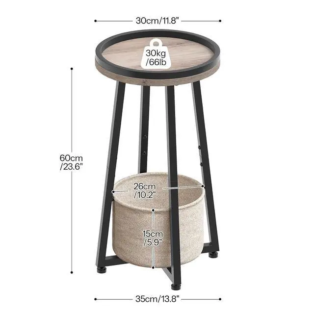 Alt view image 3 of 7 - Small Round Side Table, 2-Tier Round Sofa End Table, Compact Nightstand with Cotton Linen Storage Basket, for Small Space, Living Room, Bedroom, Dorm, Greige BG183BZ01