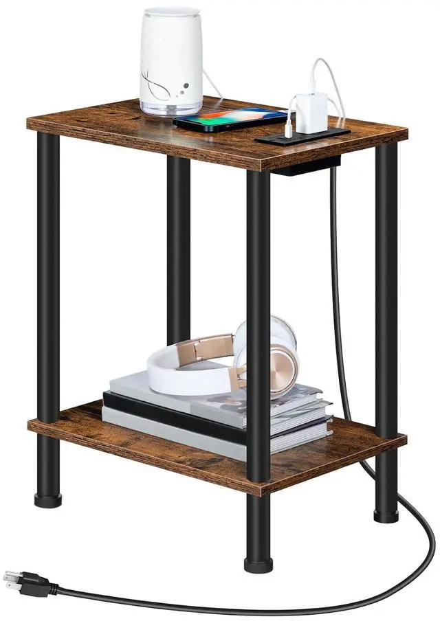 Main image of Side Table with Charging Station, Small End Table with USB Port and Outlet, Nightstand with 2-Layer Storage Shelves for Small Spaces, Living Room, Bedroom, Stable Frame, Rustic Brown BF09UBZ01