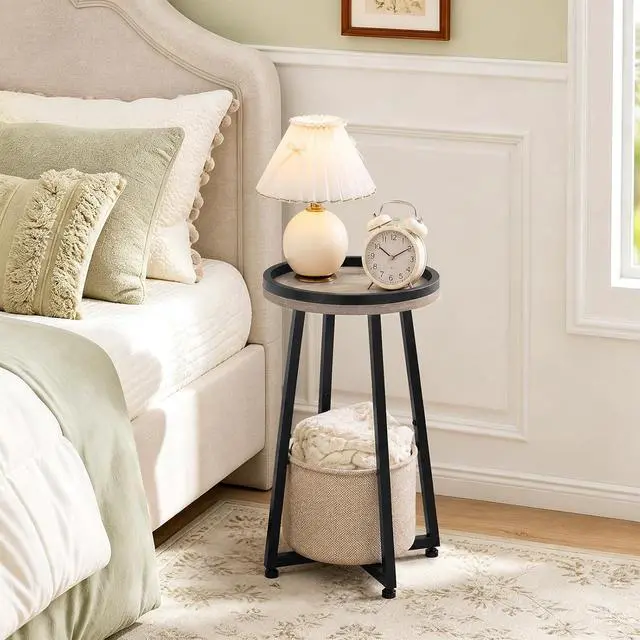 Alt view image 6 of 7 - Small Round Side Table, 2-Tier Round Sofa End Table, Compact Nightstand with Cotton Linen Storage Basket, for Small Space, Living Room, Bedroom, Dorm, Greige BG183BZ01