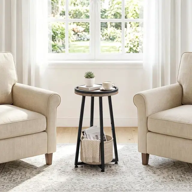 Alt view image 4 of 7 - Small Round Side Table, 2-Tier Round Sofa End Table, Compact Nightstand with Cotton Linen Storage Basket, for Small Space, Living Room, Bedroom, Dorm, Greige BG183BZ01
