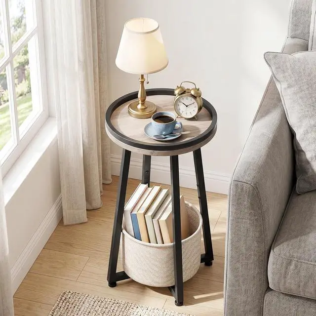 Alt view image 5 of 7 - Small Round Side Table, 2-Tier Round Sofa End Table, Compact Nightstand with Cotton Linen Storage Basket, for Small Space, Living Room, Bedroom, Dorm, Greige BG183BZ01