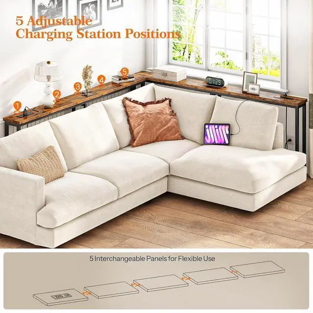 Alt view image 4 of 7 - 63" Narrow Console Table with Charging Station, 5.9" Slim Sofa Table Behind Couch, 2 AC Outlets & USB-C Ports, Long Entryway Tables for Small Spaces, Livingroom, Rustic Brown BF165UXG01G1