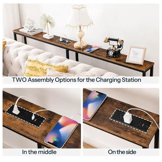 Alt view image 7 of 7 - 63" Narrow Console Table with Charging Station, 5.9" Slim Sofa Table Behind Couch, 2 AC Outlets & USB-C Ports, Long Entryway Tables for Small Spaces, Livingroom, Rustic Brown BF165UXG01G1