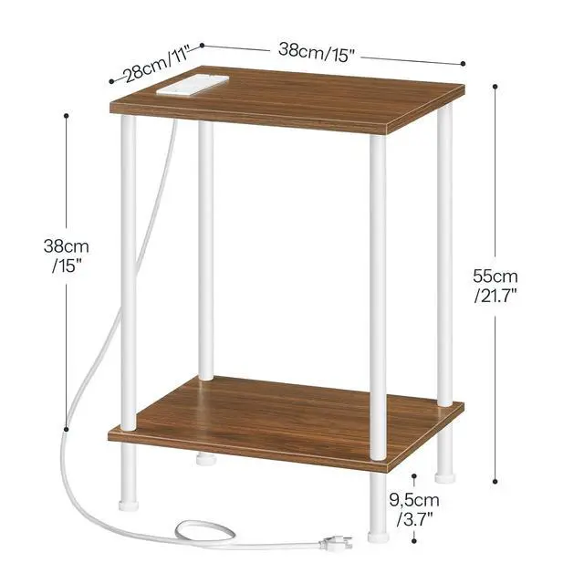 Alt view image 3 of 7 - Side Table with Charging Station, End Table with USB Port and Outlets, Nightstand with 2-Layer Storage Shelves for Small Spaces, Living Room, Bedroom, Walnut and White WH09UBZ01