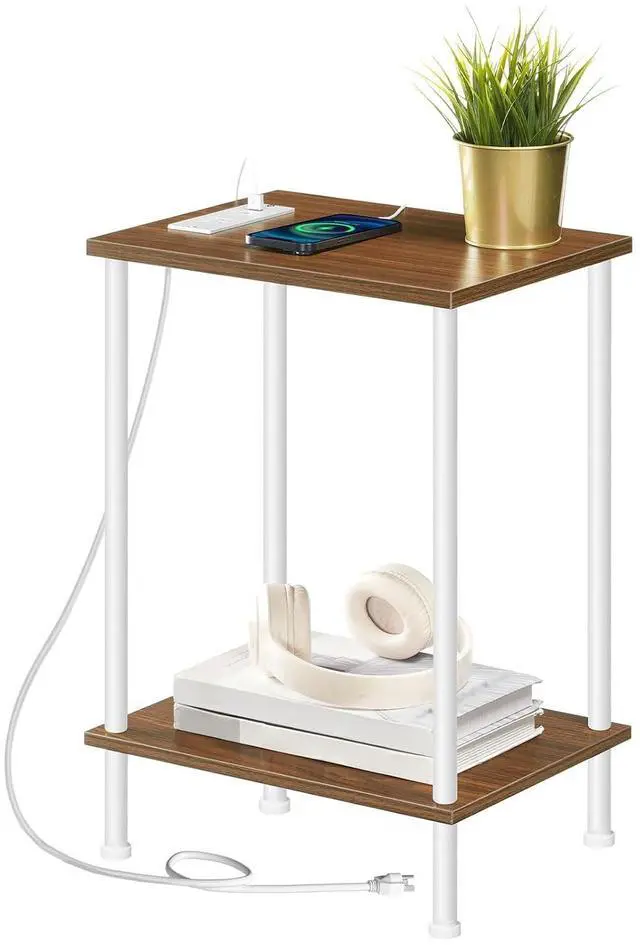 Main image of Side Table with Charging Station, End Table with USB Port and Outlets, Nightstand with 2-Layer Storage Shelves for Small Spaces, Living Room, Bedroom, Walnut and White WH09UBZ01