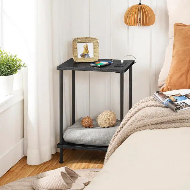 Alt view image 4 of 7 - Side Table with Charging Station, End Table with USB Port and Outlets, Nightstand with 2-Layer Storage Shelves for Small Spaces, Living Room, Bedroom, Black BK09UBZ01