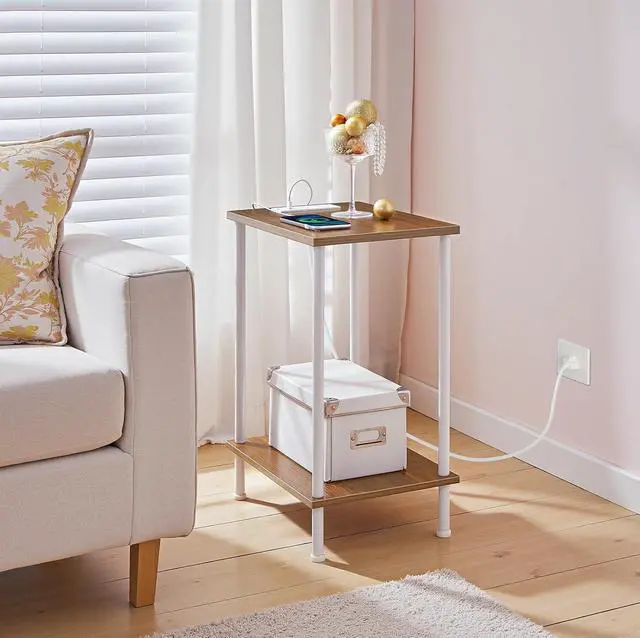 Alt view image 2 of 7 - Side Table with Charging Station, End Table with USB Port and Outlets, Nightstand with 2-Layer Storage Shelves for Small Spaces, Living Room, Bedroom, Walnut and White WH09UBZ01