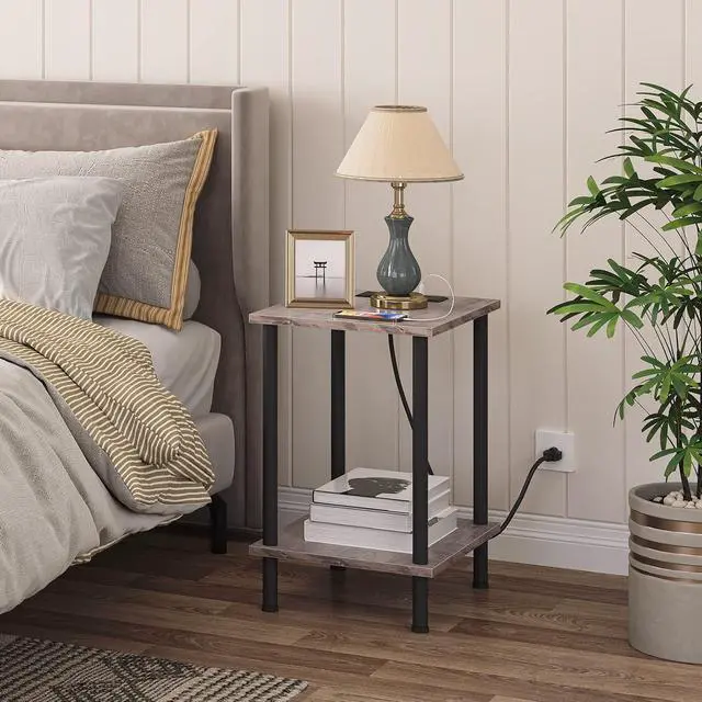 Alt view image 5 of 7 - Side Table with Charging Station, End Table with USB Ports and Outlet, Nightstand with 2-Layer Storage Shelves for Small Spaces, Living Room, Bedroom, Stable Frame, Greige and Black BG09UBZ01