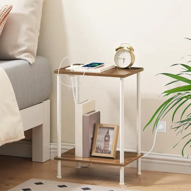 Alt view image 4 of 7 - Side Table with Charging Station, End Table with USB Port and Outlets, Nightstand with 2-Layer Storage Shelves for Small Spaces, Living Room, Bedroom, Walnut and White WH09UBZ01
