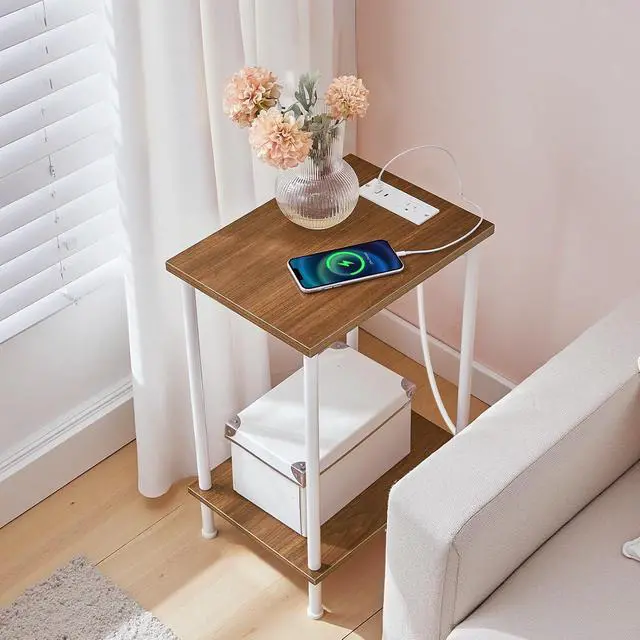 Alt view image 5 of 7 - Side Table with Charging Station, End Table with USB Port and Outlets, Nightstand with 2-Layer Storage Shelves for Small Spaces, Living Room, Bedroom, Walnut and White WH09UBZ01