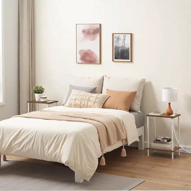 Alt view image 6 of 7 - Side Table with Charging Station, End Table with USB Port and Outlets, Nightstand with 2-Layer Storage Shelves for Small Spaces, Living Room, Bedroom, Walnut and White WH09UBZ01