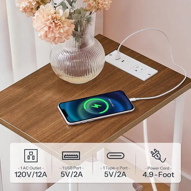Alt view image 7 of 7 - Side Table with Charging Station, End Table with USB Port and Outlets, Nightstand with 2-Layer Storage Shelves for Small Spaces, Living Room, Bedroom, Walnut and White WH09UBZ01
