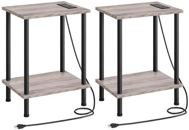 Main image of Side Table with Charging Station, Set of 2 End Tables with USB Port and Outlets, Nightstand with 2-Layer Storage Shelves for Small Spaces, Living Room, Bedroom, Greige and Black BG09UBZP201
