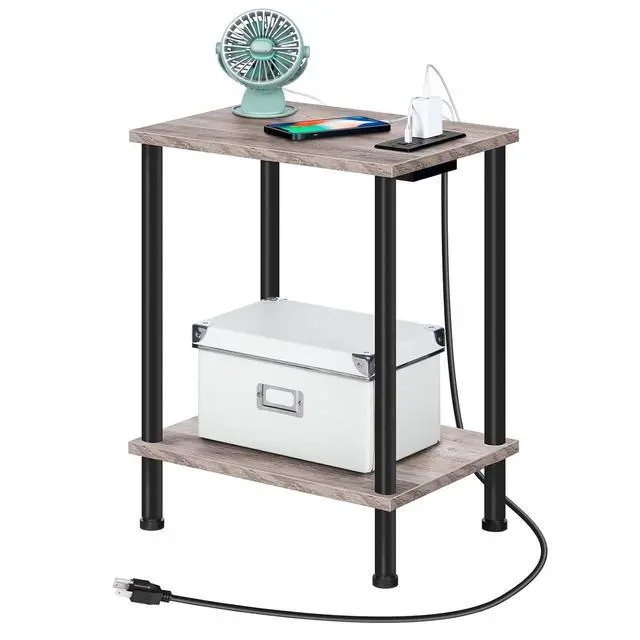 Alt view image 6 of 7 - Side Table with Charging Station, Set of 2 End Tables with USB Port and Outlets, Nightstand with 2-Layer Storage Shelves for Small Spaces, Living Room, Bedroom, Greige and Black BG09UBZP201