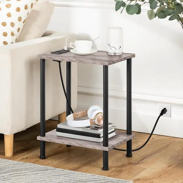 Alt view image 5 of 7 - Side Table with Charging Station, Set of 2 End Tables with USB Port and Outlets, Nightstand with 2-Layer Storage Shelves for Small Spaces, Living Room, Bedroom, Greige and Black BG09UBZP201