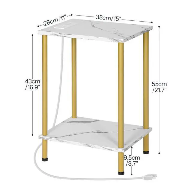 Alt view image 3 of 7 - Side Table with Charging Station, Set of 2 End Tables with USB Port and Outlet, Nightstand with 2-Layer Storage Shelves for Small Spaces, Living Room, Bedroom, Gold and Marble DM09UBZP201