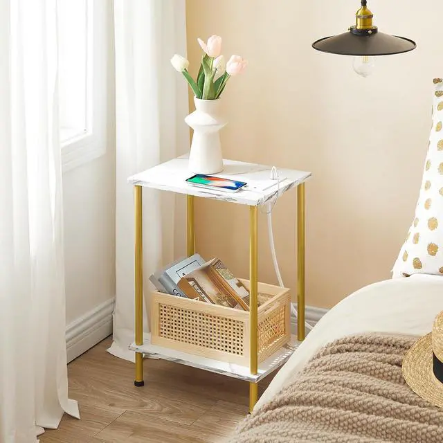 Alt view image 7 of 7 - Side Table with Charging Station, Set of 2 End Tables with USB Port and Outlet, Nightstand with 2-Layer Storage Shelves for Small Spaces, Living Room, Bedroom, Gold and Marble DM09UBZP201