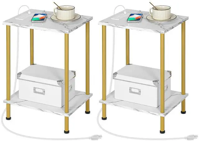 Main image of Side Table with Charging Station, Set of 2 End Tables with USB Port and Outlet, Nightstand with 2-Layer Storage Shelves for Small Spaces, Living Room, Bedroom, Gold and Marble DM09UBZP201