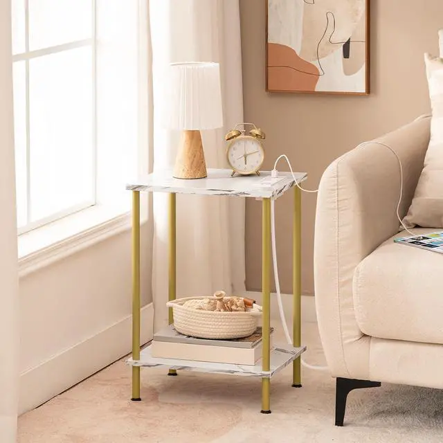 Alt view image 5 of 7 - Side Table with Charging Station, Set of 2 End Tables with USB Port and Outlet, Nightstand with 2-Layer Storage Shelves for Small Spaces, Living Room, Bedroom, Gold and Marble DM09UBZP201