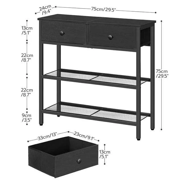 Alt view image 3 of 7 - 29.5" Narrow Console Table with 2 Fabric Drawers, Sofa Table, Small Entryway Table with 3-Tier Storage Shelves, Behind Couch Table, for Living Room, Hallway, Black BB72XG01