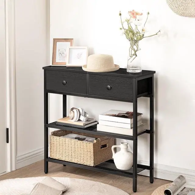 Alt view image 2 of 7 - 29.5" Narrow Console Table with 2 Fabric Drawers, Sofa Table, Small Entryway Table with 3-Tier Storage Shelves, Behind Couch Table, for Living Room, Hallway, Black BB72XG01
