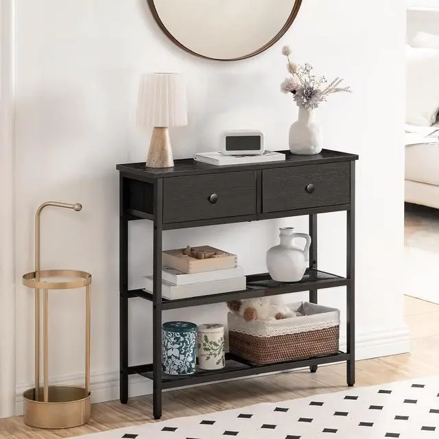 Alt view image 4 of 7 - 29.5" Narrow Console Table with 2 Fabric Drawers, Sofa Table, Small Entryway Table with 3-Tier Storage Shelves, Behind Couch Table, for Living Room, Hallway, Black BB72XG01