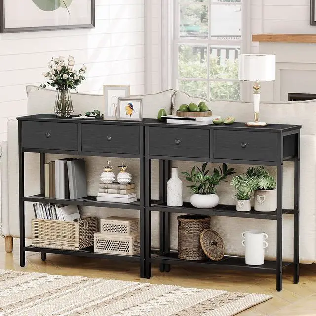 Alt view image 5 of 7 - 29.5" Narrow Console Table with 2 Fabric Drawers, Sofa Table, Small Entryway Table with 3-Tier Storage Shelves, Behind Couch Table, for Living Room, Hallway, Black BB72XG01