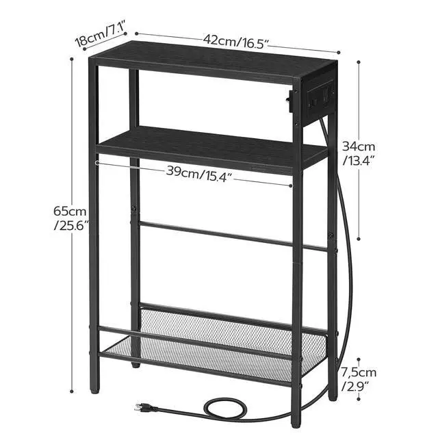 Alt view image 3 of 7 - Small Narrow Side Table with Charging Station, Skinny End Table for Small Spaces, Slim Nightstand with USB Ports Outlet, Sofa Beside Table with Storage Shelf, Black BB102UBZ01