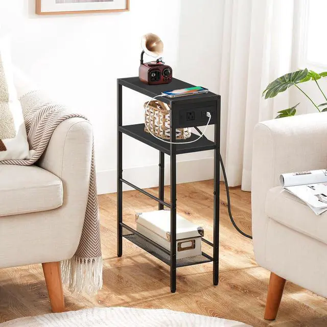 Alt view image 2 of 7 - Small Narrow Side Table with Charging Station, Skinny End Table for Small Spaces, Slim Nightstand with USB Ports Outlet, Sofa Beside Table with Storage Shelf, Black BB102UBZ01