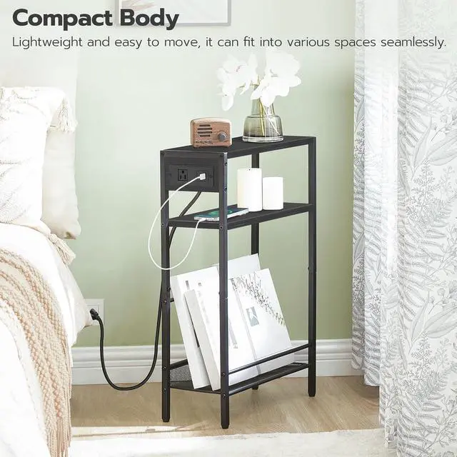 Alt view image 4 of 7 - Small Narrow Side Table with Charging Station, Skinny End Table for Small Spaces, Slim Nightstand with USB Ports Outlet, Sofa Beside Table with Storage Shelf, Black BB102UBZ01