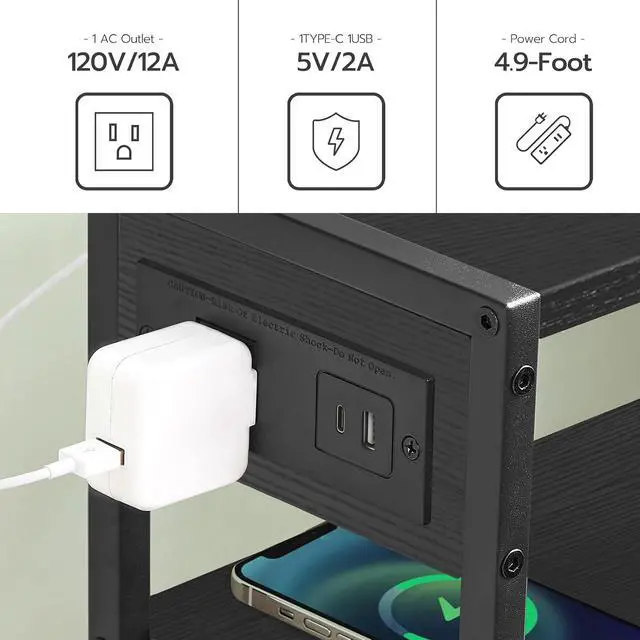 Alt view image 5 of 7 - Small Narrow Side Table with Charging Station, Skinny End Table for Small Spaces, Slim Nightstand with USB Ports Outlet, Sofa Beside Table with Storage Shelf, Black BB102UBZ01
