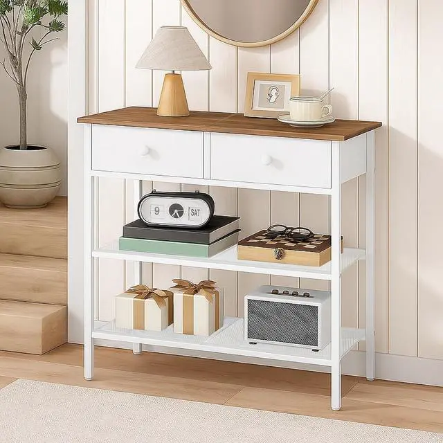 Alt view image 2 of 7 - 29.5" Narrow Console Table with 2 Fabric Drawers, Sofa Table, Small Entryway Table with 3-Tier Storage Shelves, Behind Couch Table, for Living Room, Hallway, Walnut and White WH72XG01