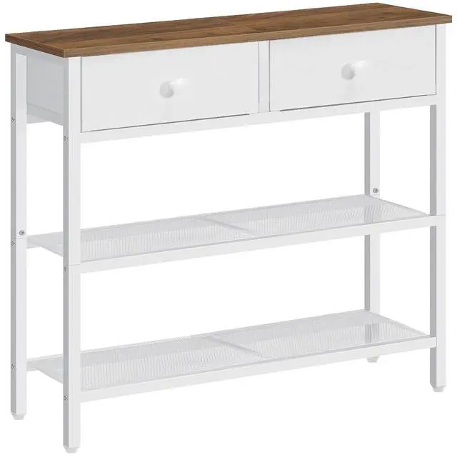 Main image of 29.5" Narrow Console Table with 2 Fabric Drawers, Sofa Table, Small Entryway Table with 3-Tier Storage Shelves, Behind Couch Table, for Living Room, Hallway, Walnut and White WH72XG01