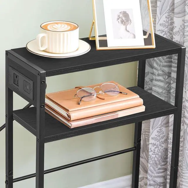 Alt view image 6 of 7 - Small Narrow Side Table with Charging Station, Skinny End Table for Small Spaces, Slim Nightstand with USB Ports Outlet, Sofa Beside Table with Storage Shelf, Black BB102UBZ01