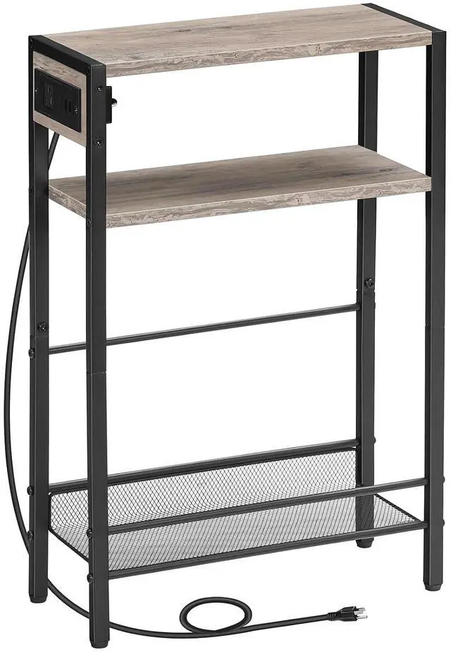 Main image of Small Narrow Side Table with Charging Station, Skinny End Table for Small Spaces, Slim Nightstand with USB Ports Outlet, Sofa Beside Table with Storage Shelf, Greige and Black BG102UBZ01